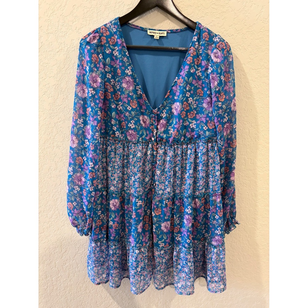 Inspired Hearts Blue Floral Tiered Mini Dress V-Neck Long Sleeve Large